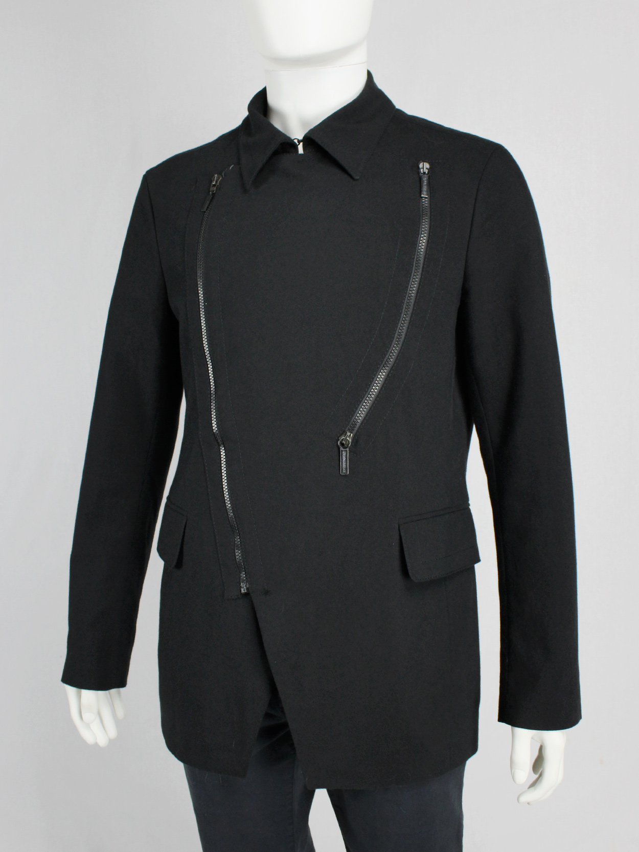 Dirk Bikkembergs dark blue coat with curved zippers — fall 2003 