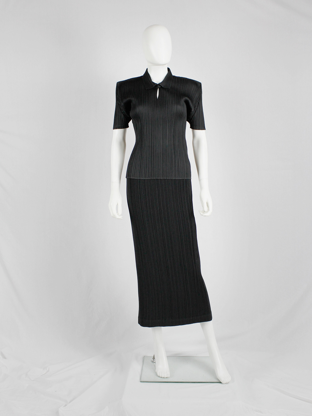 Issey Miyake Pleats Please black polo shirt with square