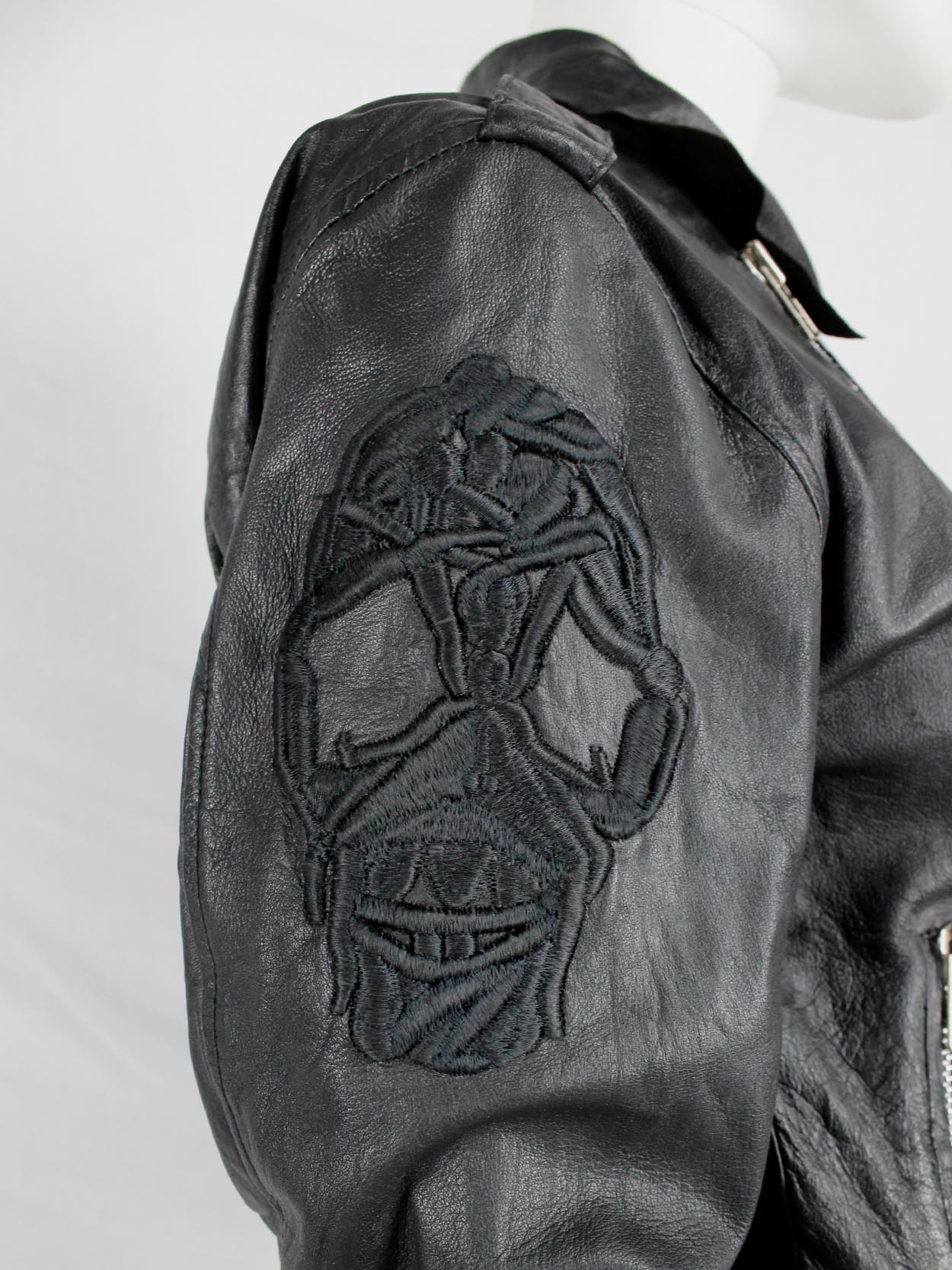 Marjan Pejoski black leather biker jacket with emboidered skull 