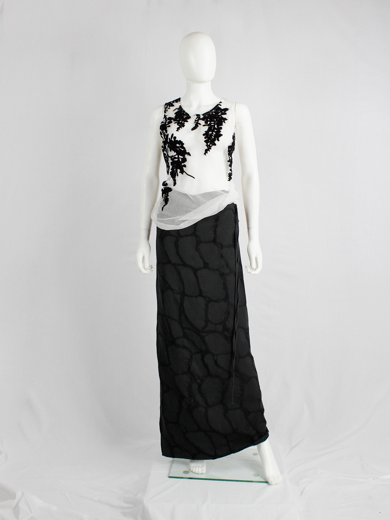 Ann Demeulemeester white mesh top with black velvet wisteria print 