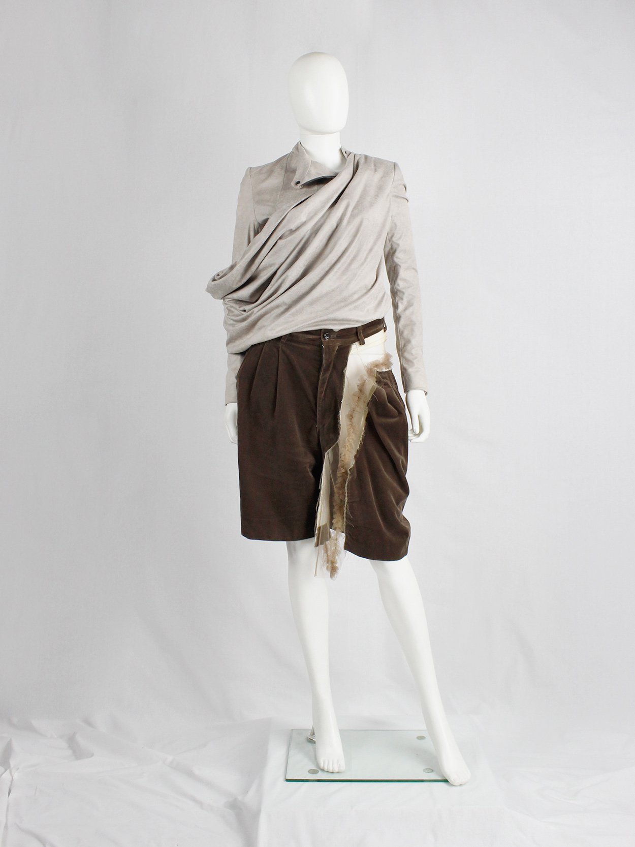 Comme des Garçons brown velvet shorts with cut off leg Comme des Garçons brown velvet shorts with cut off leg