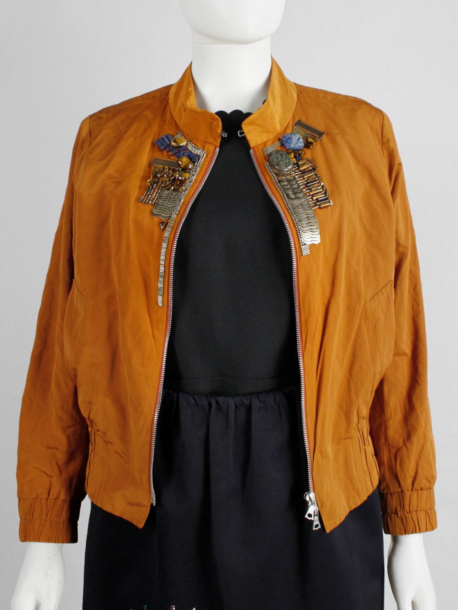 Dries Van Noten orange bomber jacket with gemstones and metal