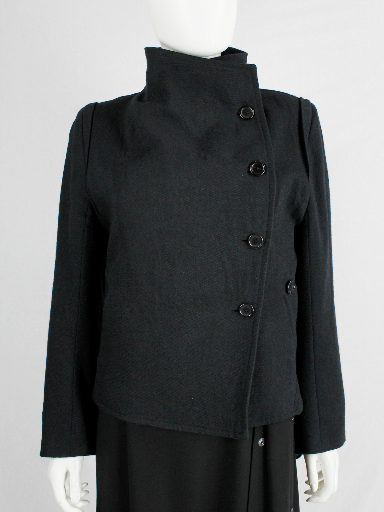 Ann Demeulemeester black coat with standing neckline and 