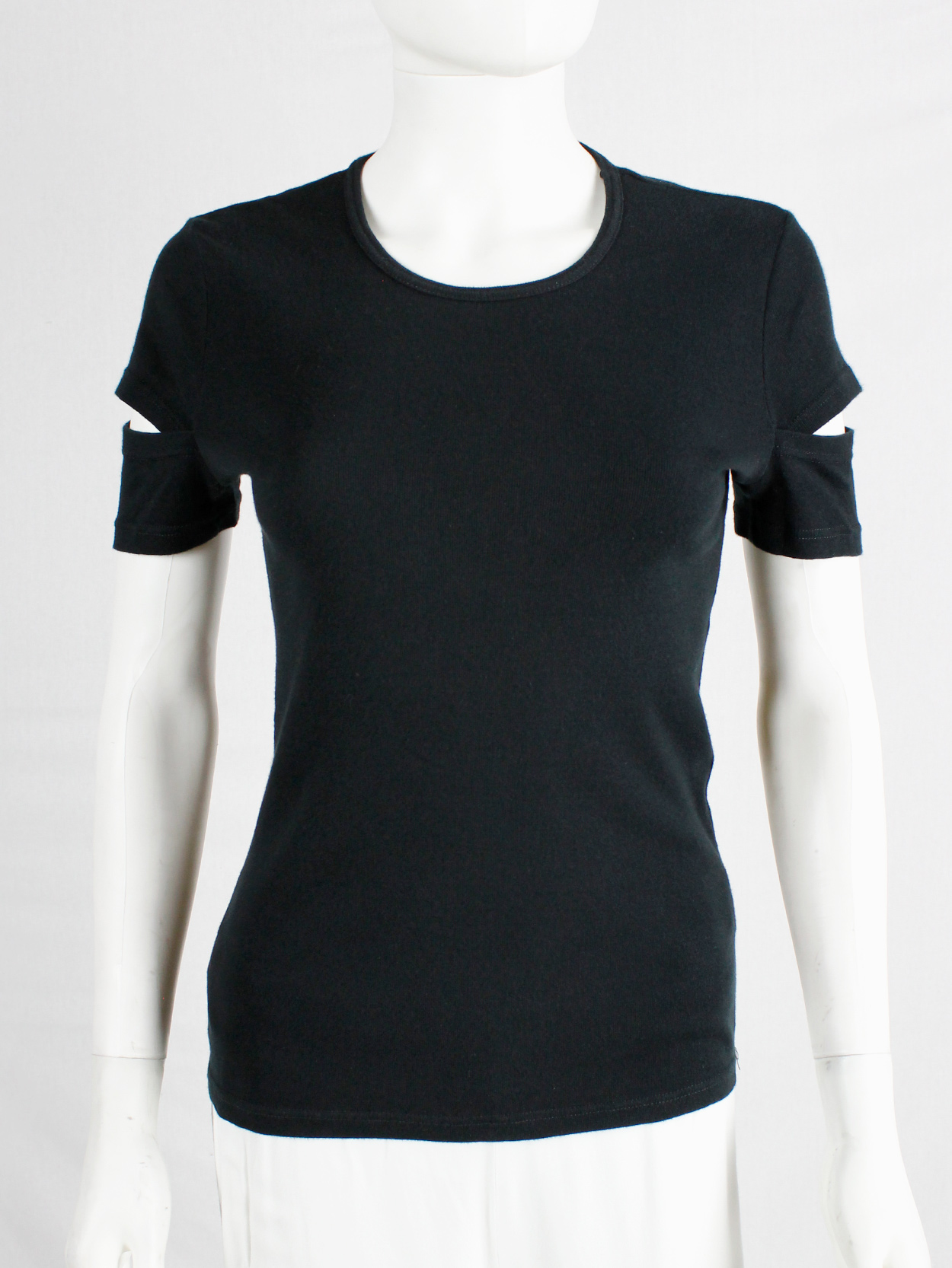 Helmut Lang black t-shirt with open slits at the sleeves — 1998 