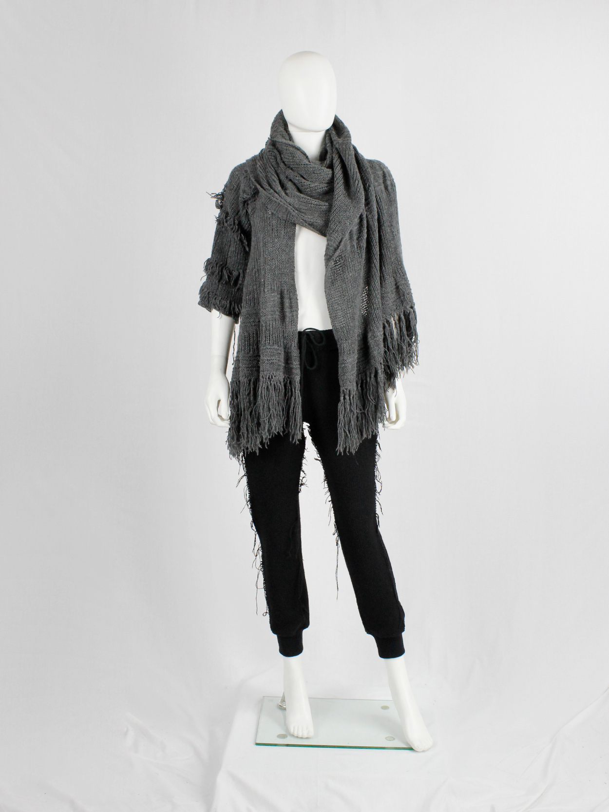 Wim Neels grey frayed extra long scarf with one jumper sleeve 