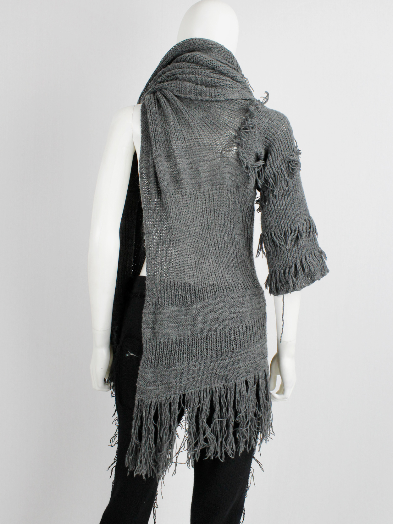 Wim Neels grey frayed extra long scarf with one jumper sleeve 