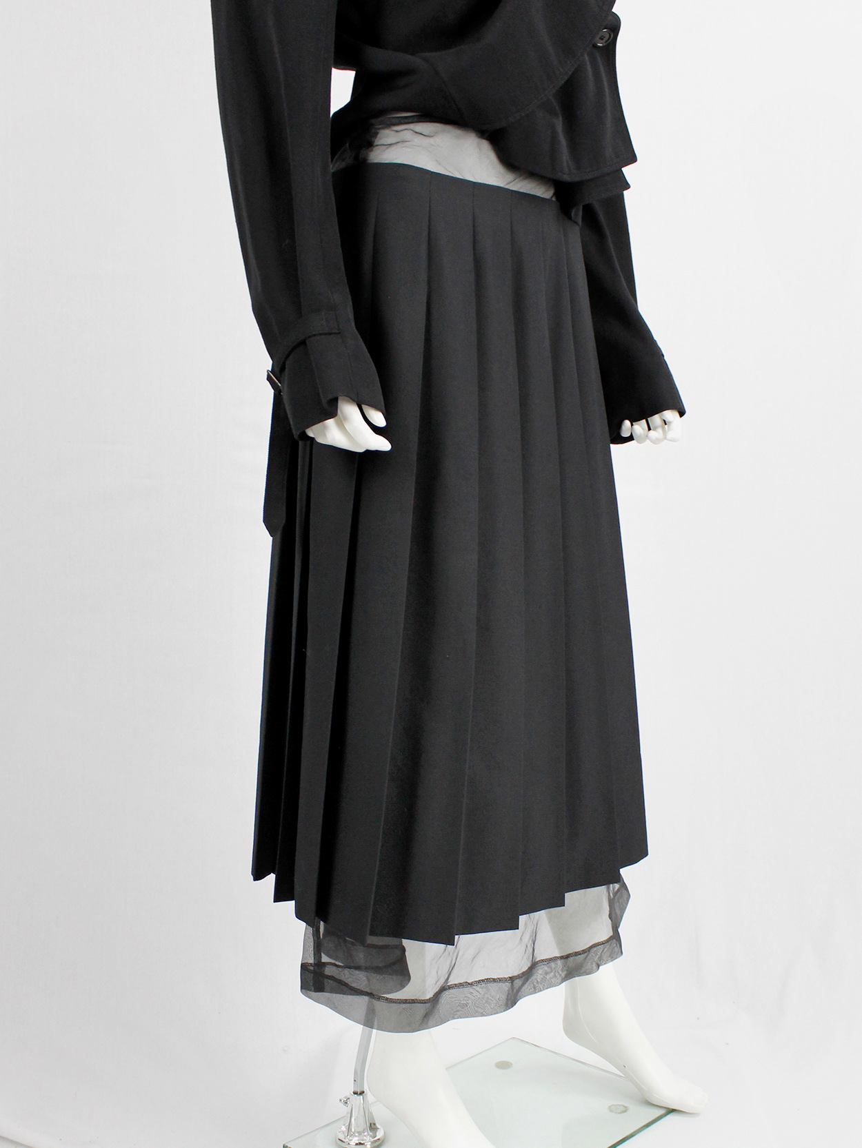 Comme des Garçons black pleated skirt attached to a mesh maxi 