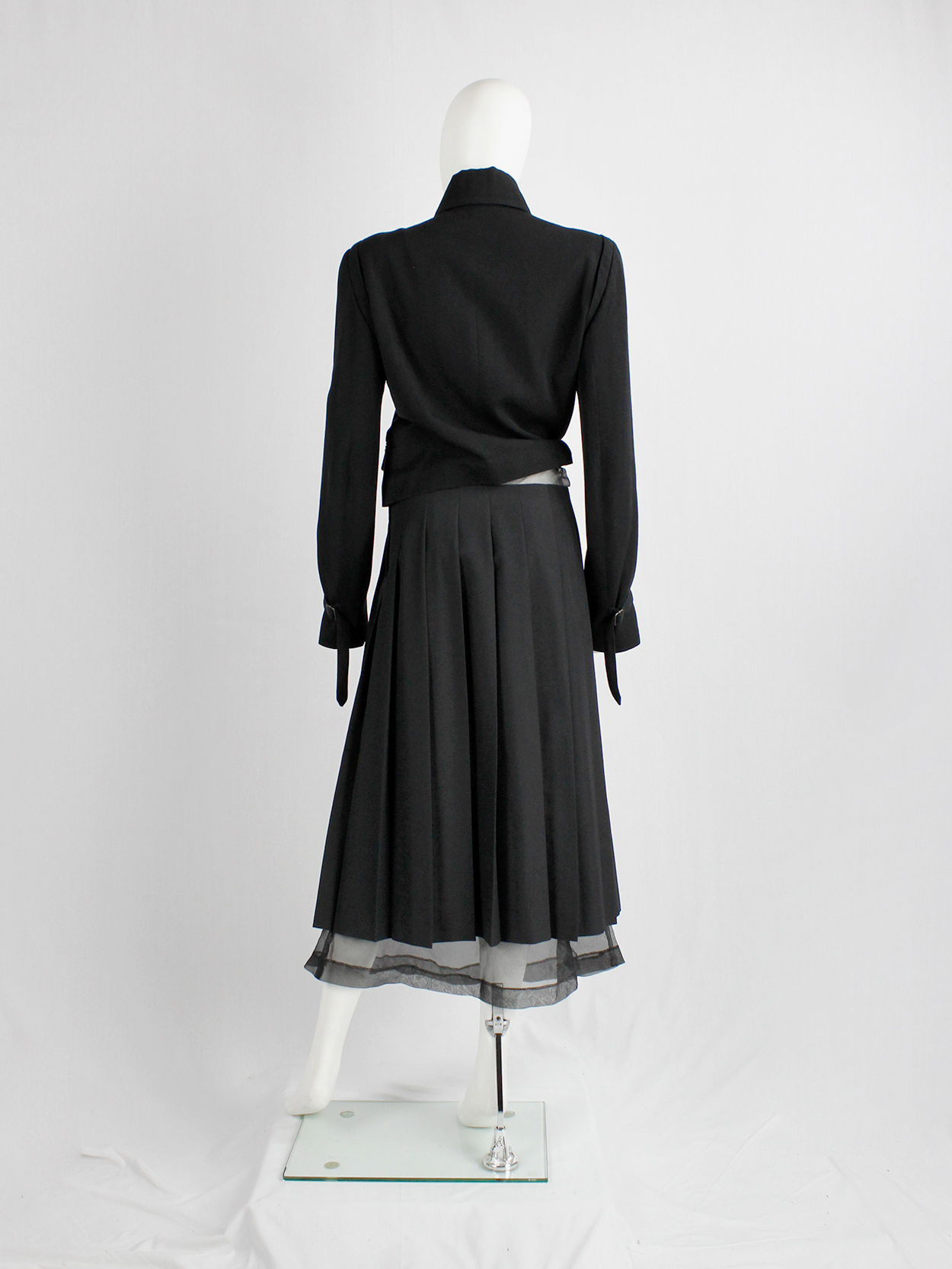 Comme des Garçons black pleated skirt attached to a mesh maxi 