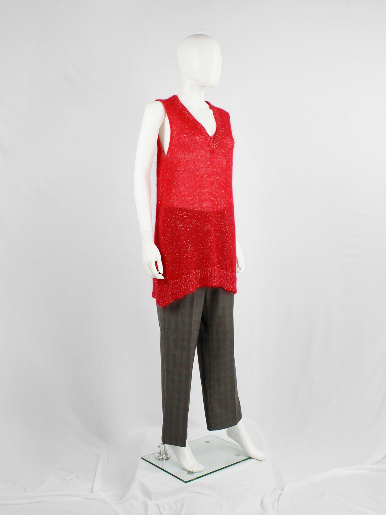 Maison Martin Margiela red knit top with woven silver threads 