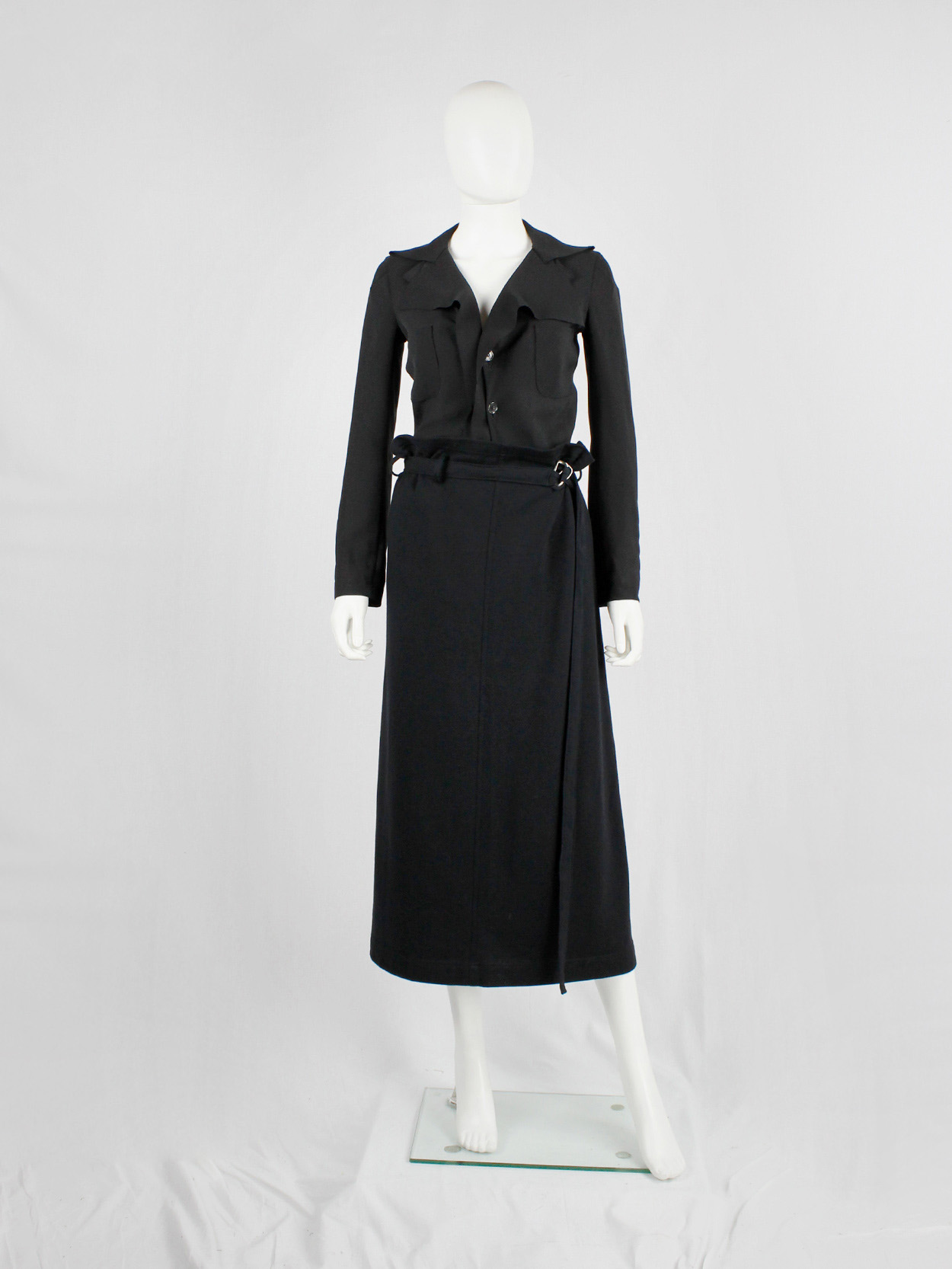 スカート Y's COTTON DUNGAREE GATHERED TAIL SKIRT Y's Yohji Yamamoto black maxi skirt with paperbag waist and