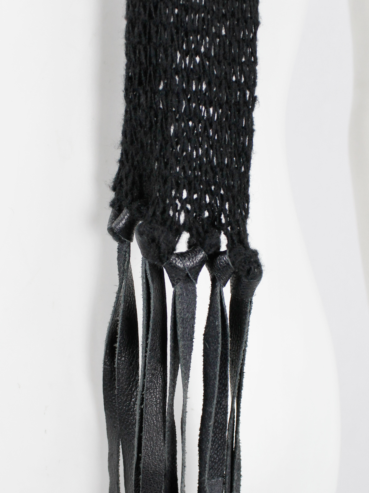 Ann Demeulemeester black long knit scarf with leather tassels 