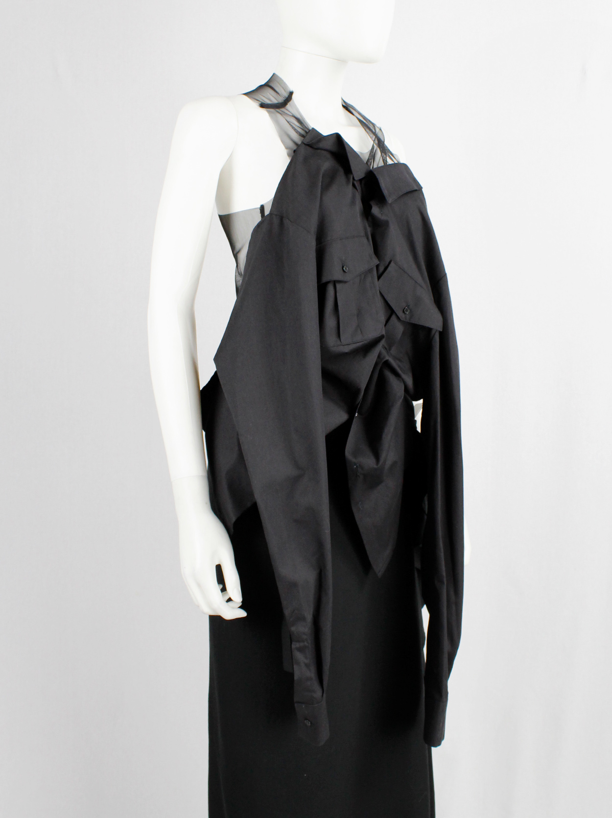 A.F. Vandevorst black sheer top with military shirt draped on the front ...