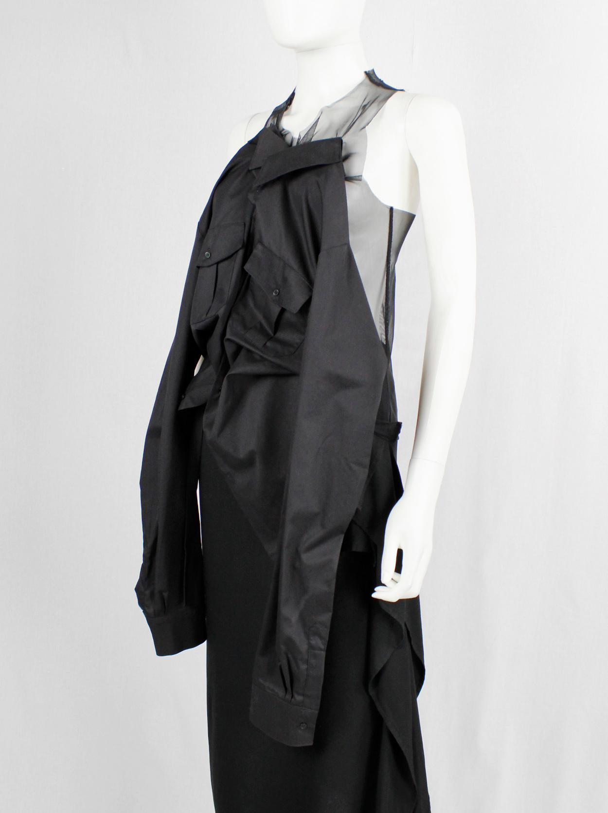 A.F. Vandevorst black sheer top with military shirt draped on the front ...