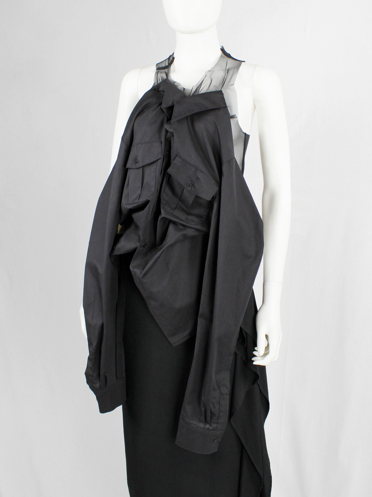 A.F. Vandevorst black sheer top with military shirt draped on the front ...