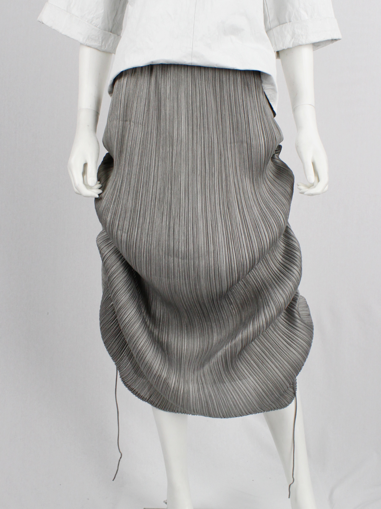 Issey Miyake Pleats Please grey maxi skirt that is scrunched up by 