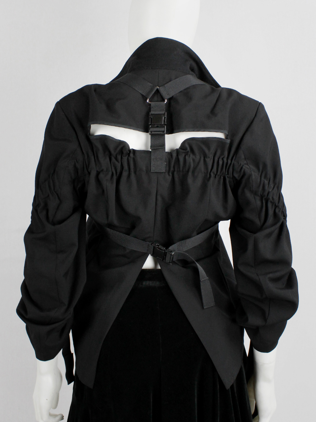 Junya Watanabe black parachute jacket with harness straps and open