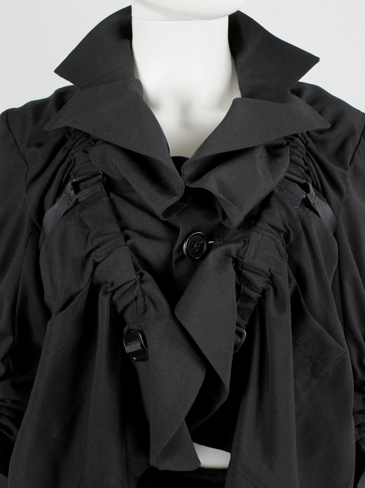 Junya Watanabe black parachute jacket with harness straps and open