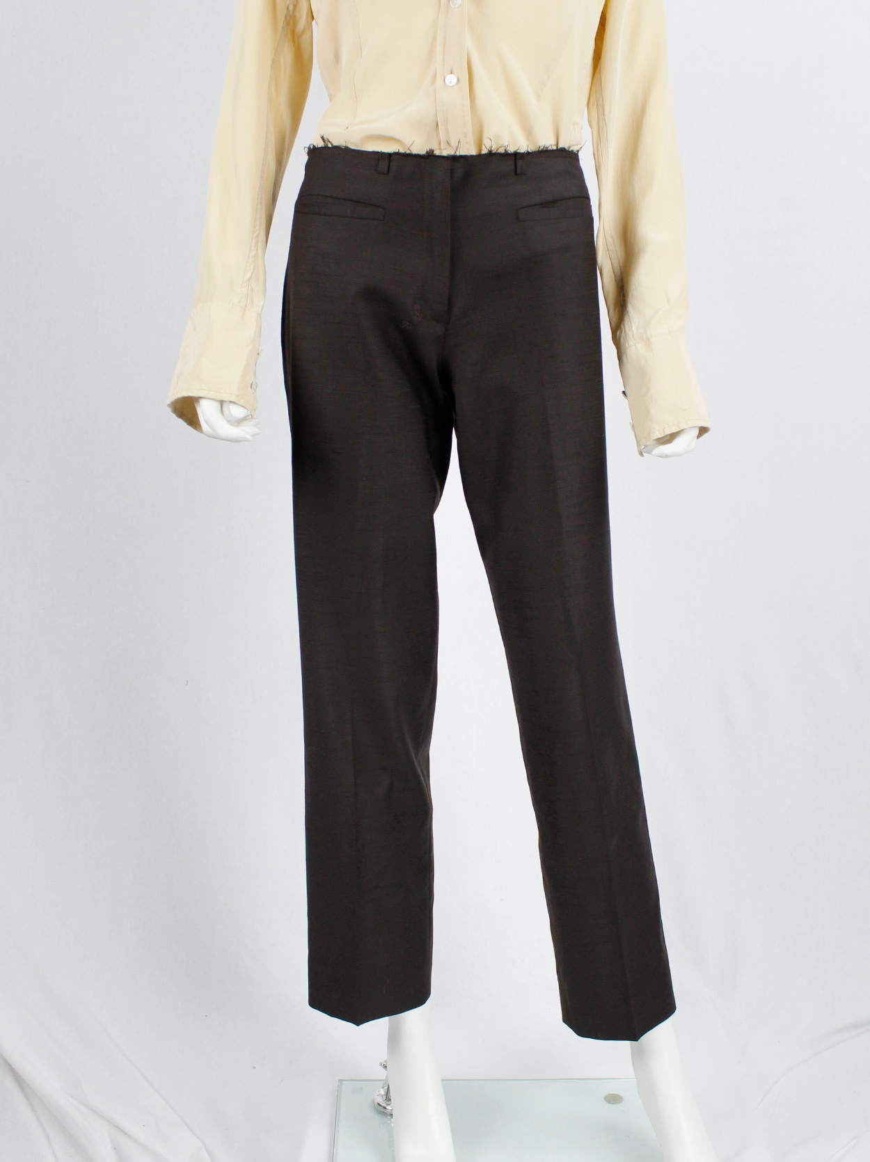 Maison Martin Margiela brown trousers with frayed cut off waist 
