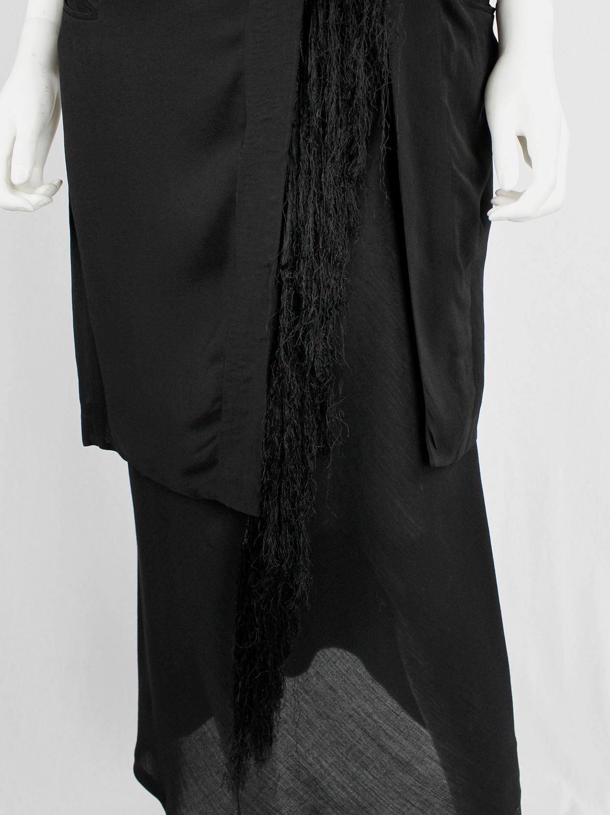 Ann Demeulemeester black long asymmetric vest with braided tassels