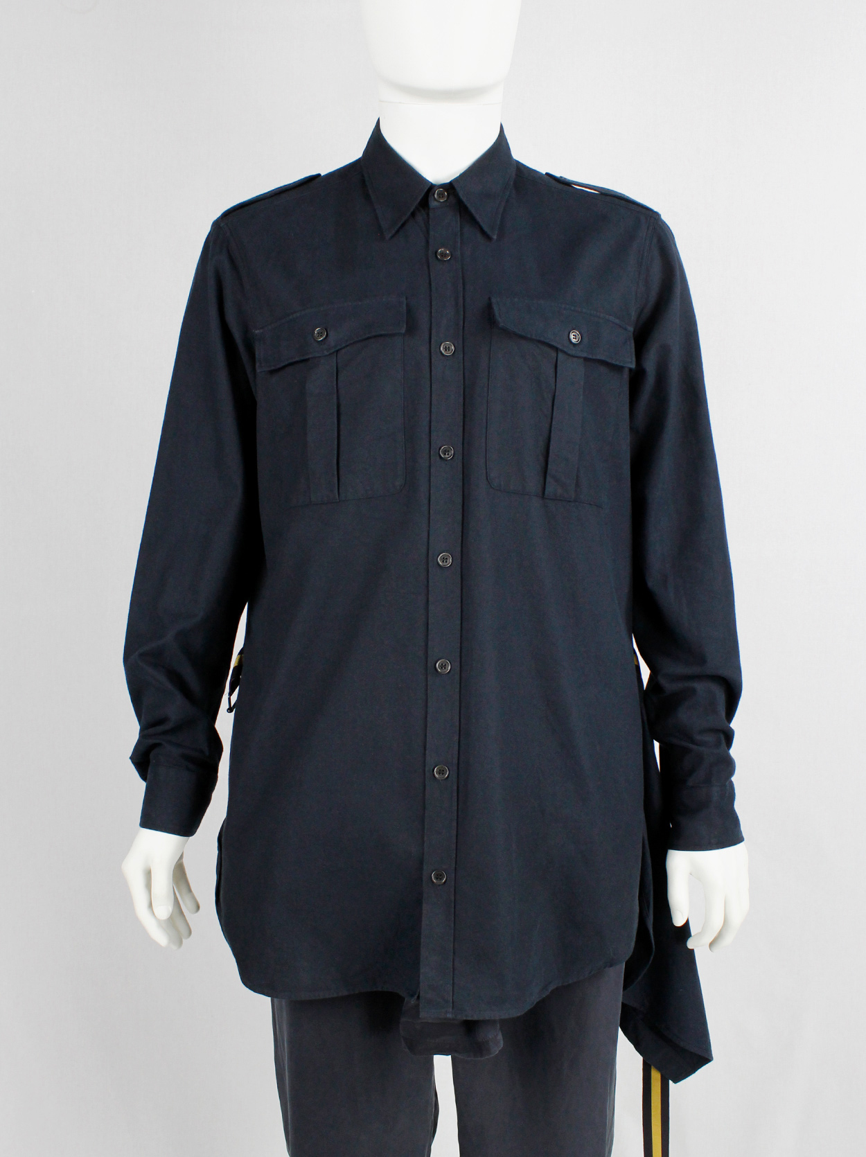 Dries Van Noten navy military shirt with yellow strap and front 