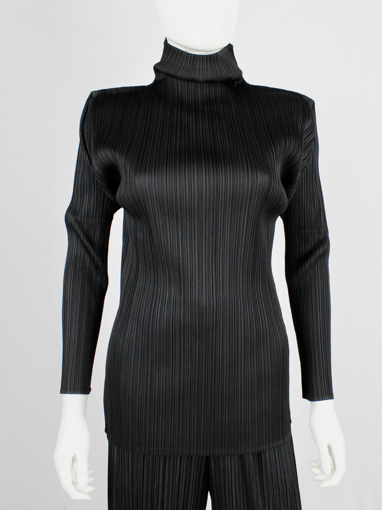 Issey Miyake black pleated turtleneck jumper with square shoulders