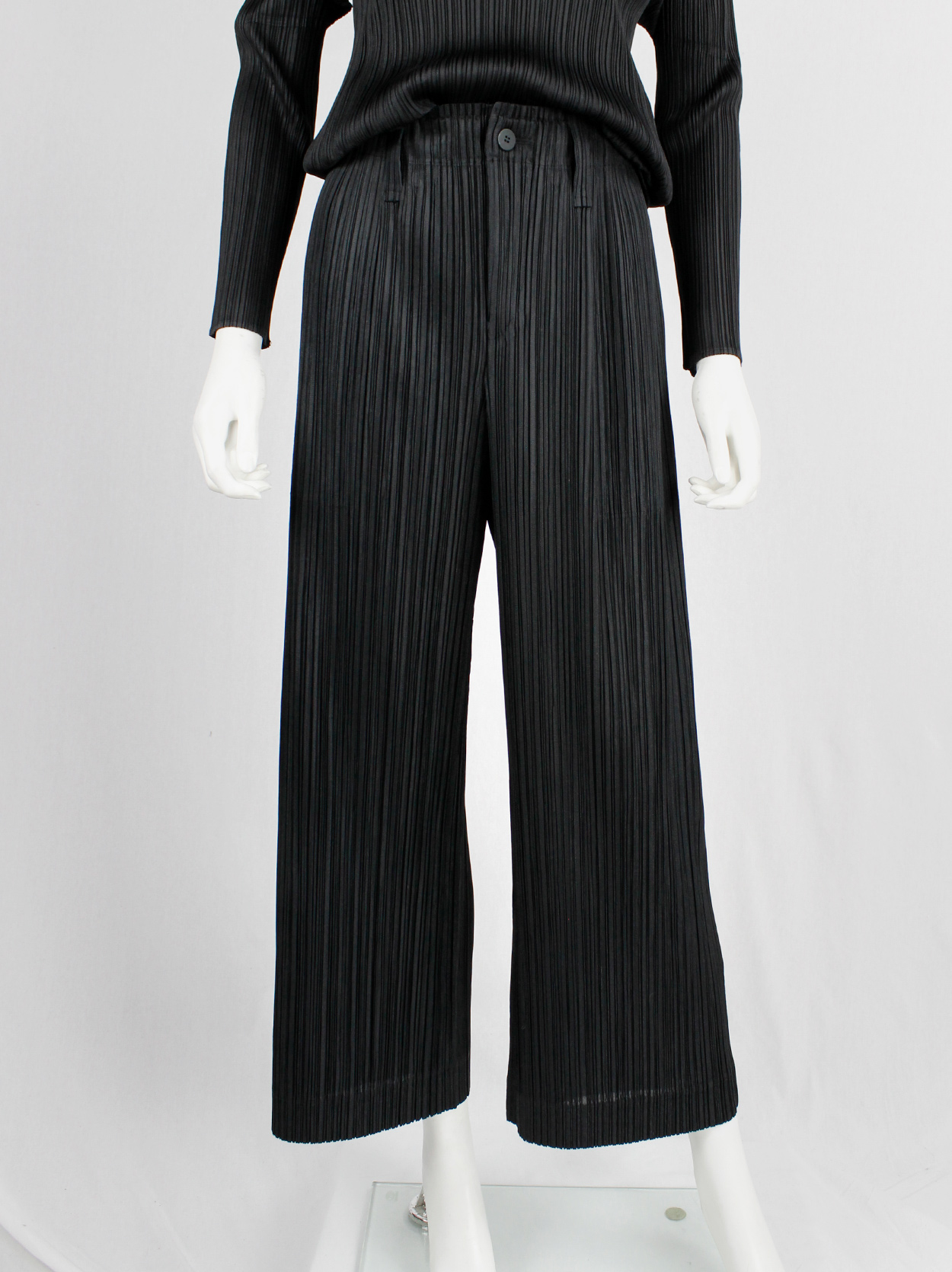Issey Miyake Pleats Please black pleated trousers with wide legs 