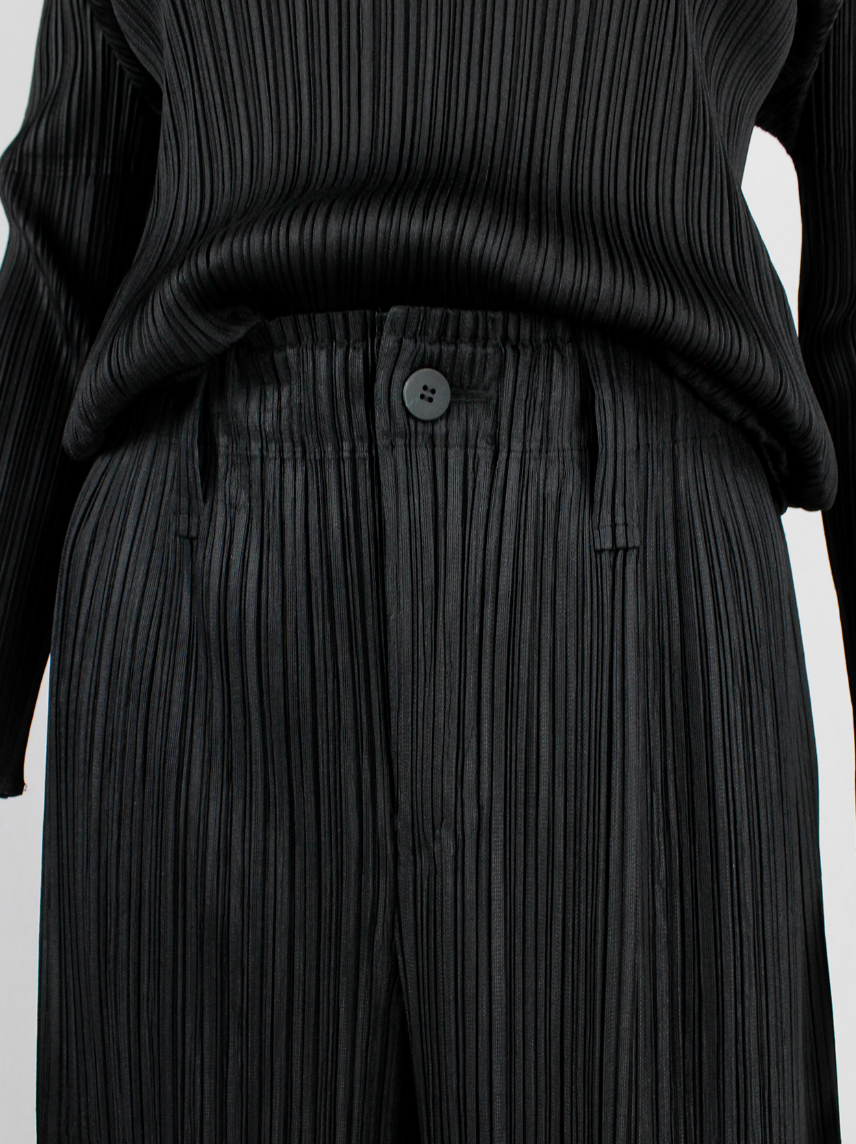 Issey Miyake Pleats Please black pleated trousers with wide legs 