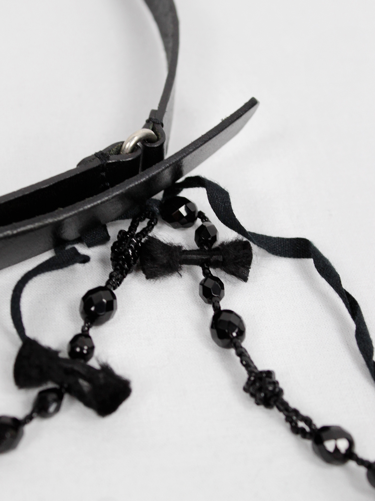 Ann Demeulemeester black leather belt with beaded rosary chain