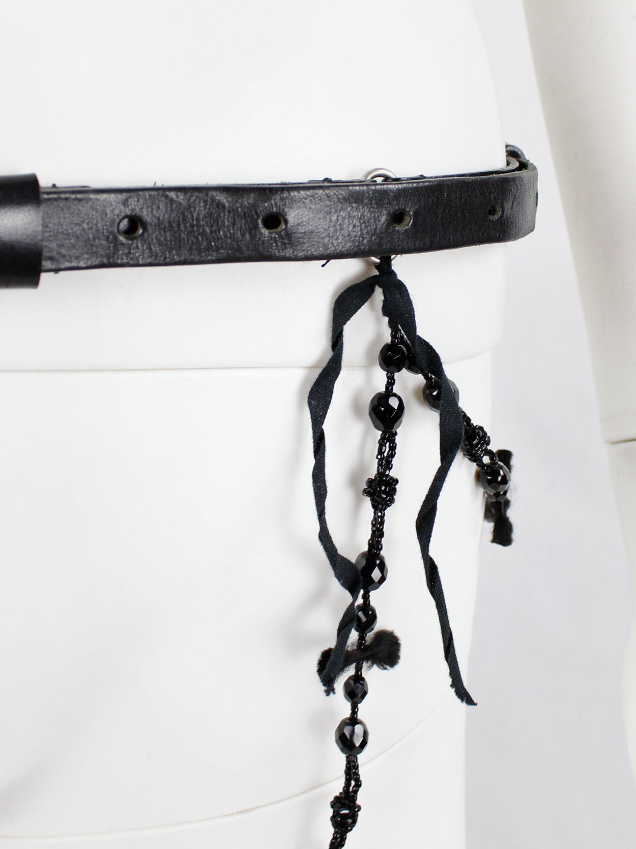Ann Demeulemeester black leather belt with beaded rosary chain