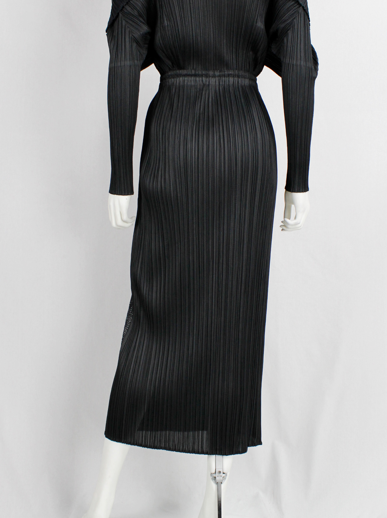 Issey Miyake Pleats Please black pleated maxi skirt with slit and 