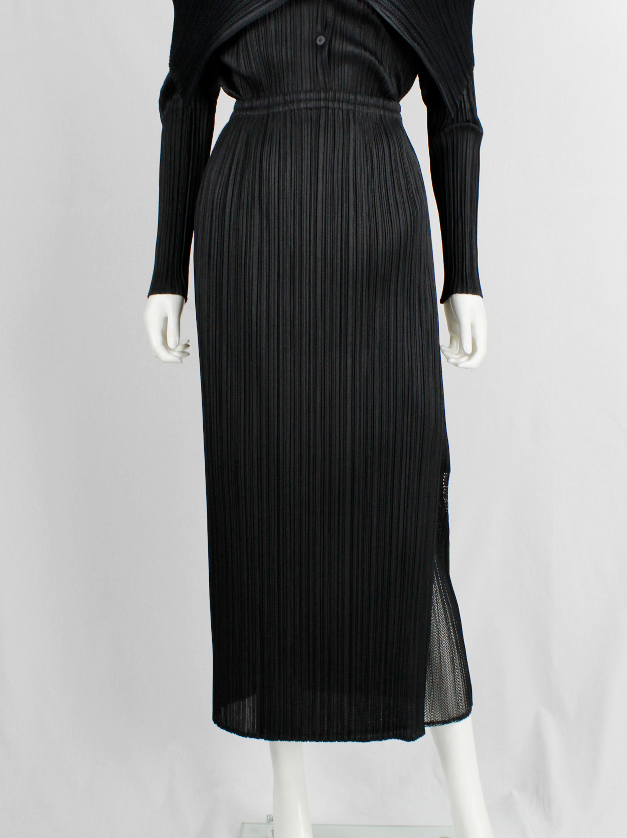 Issey Miyake Pleats Please black pleated maxi skirt with slit and 