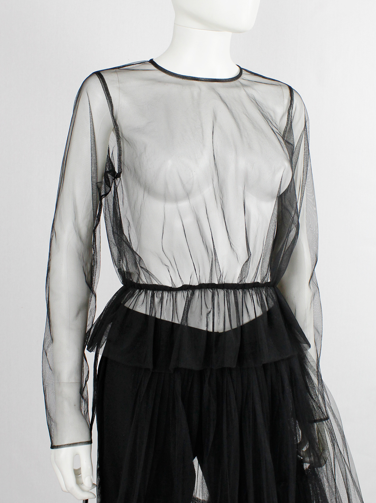 Noir Kei Ninomiya black sheer jumper with gathered peplum Noir Kei Ninomiya black sheer jumper with gathered peplum