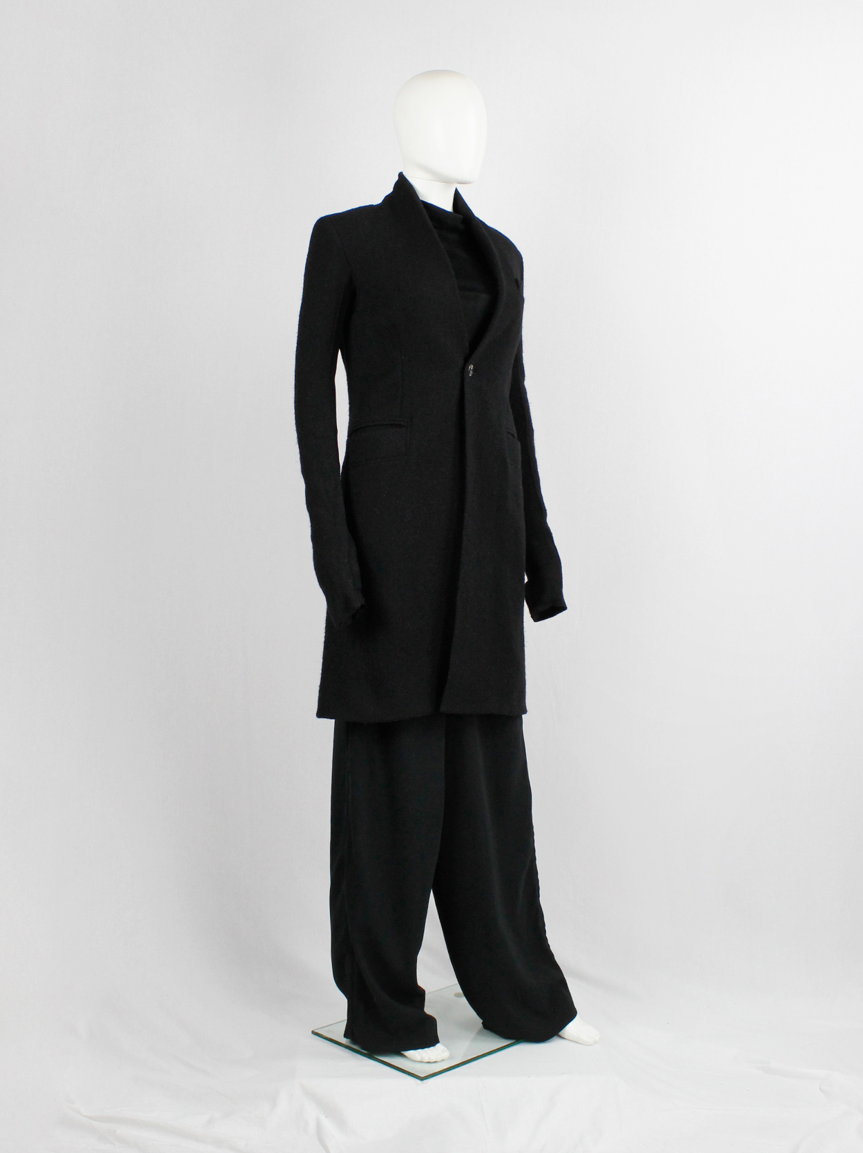 Rick Owens black long minimalist wool coat with one button closure 