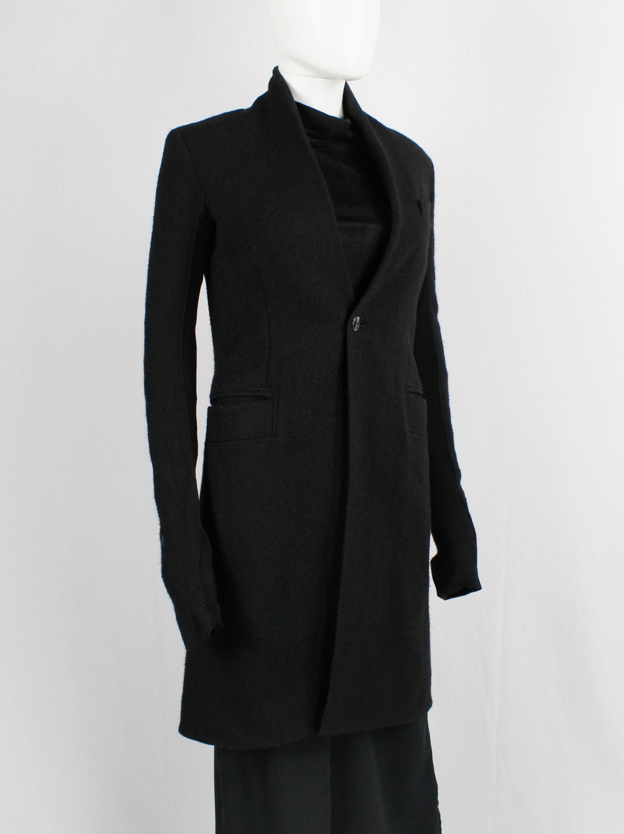 Rick Owens black long minimalist wool coat with one button closure 