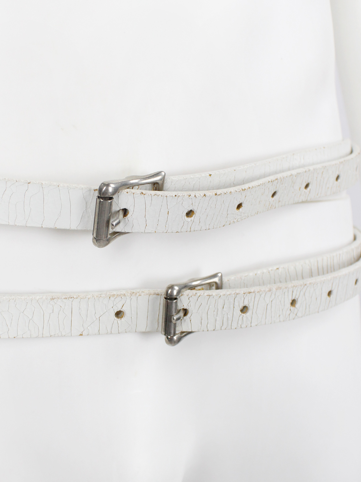 Ann Demeulemeester two white leather belts attached by metal LIFE 