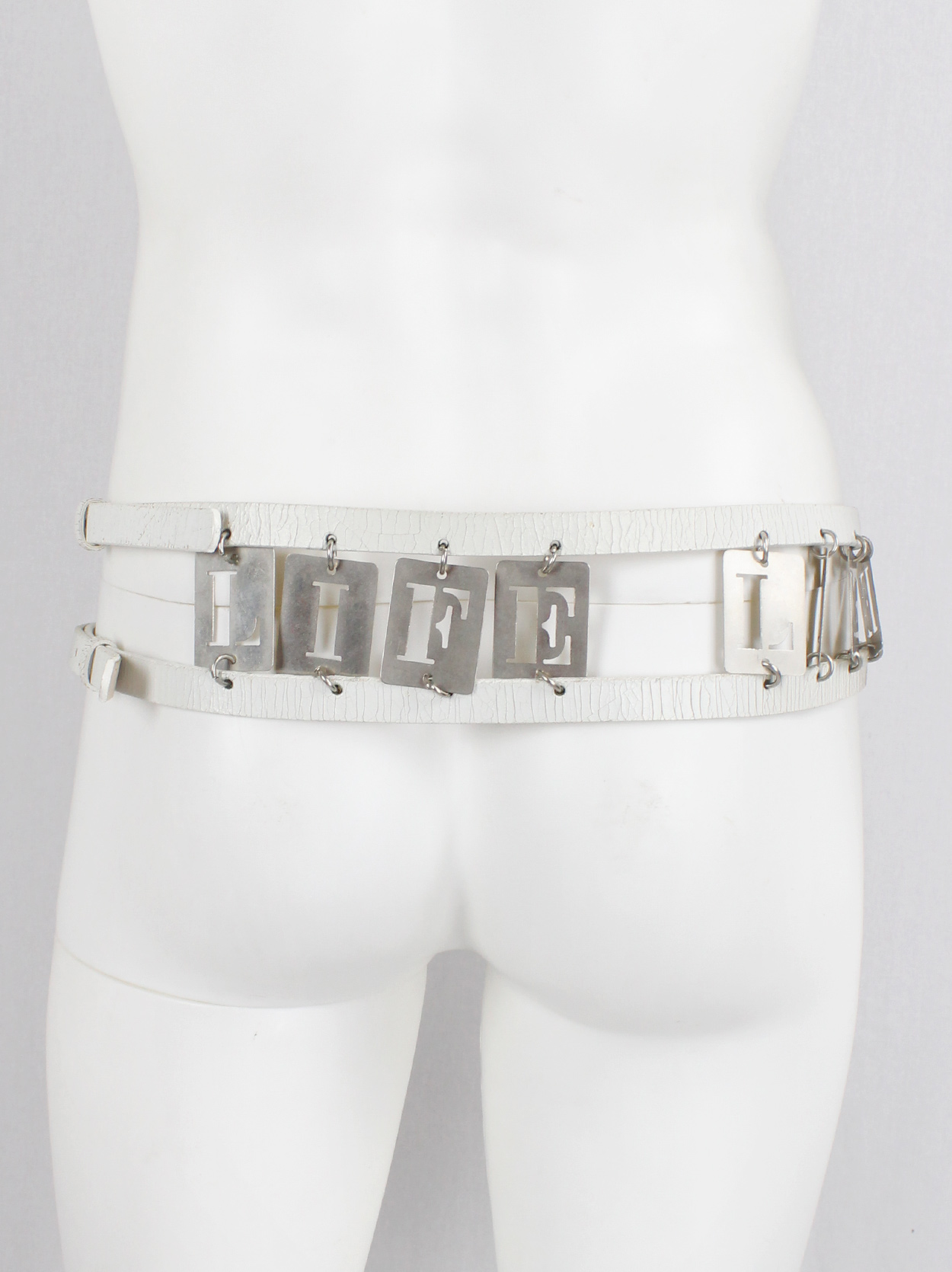 Ann Demeulemeester two white leather belts attached by metal LIFE