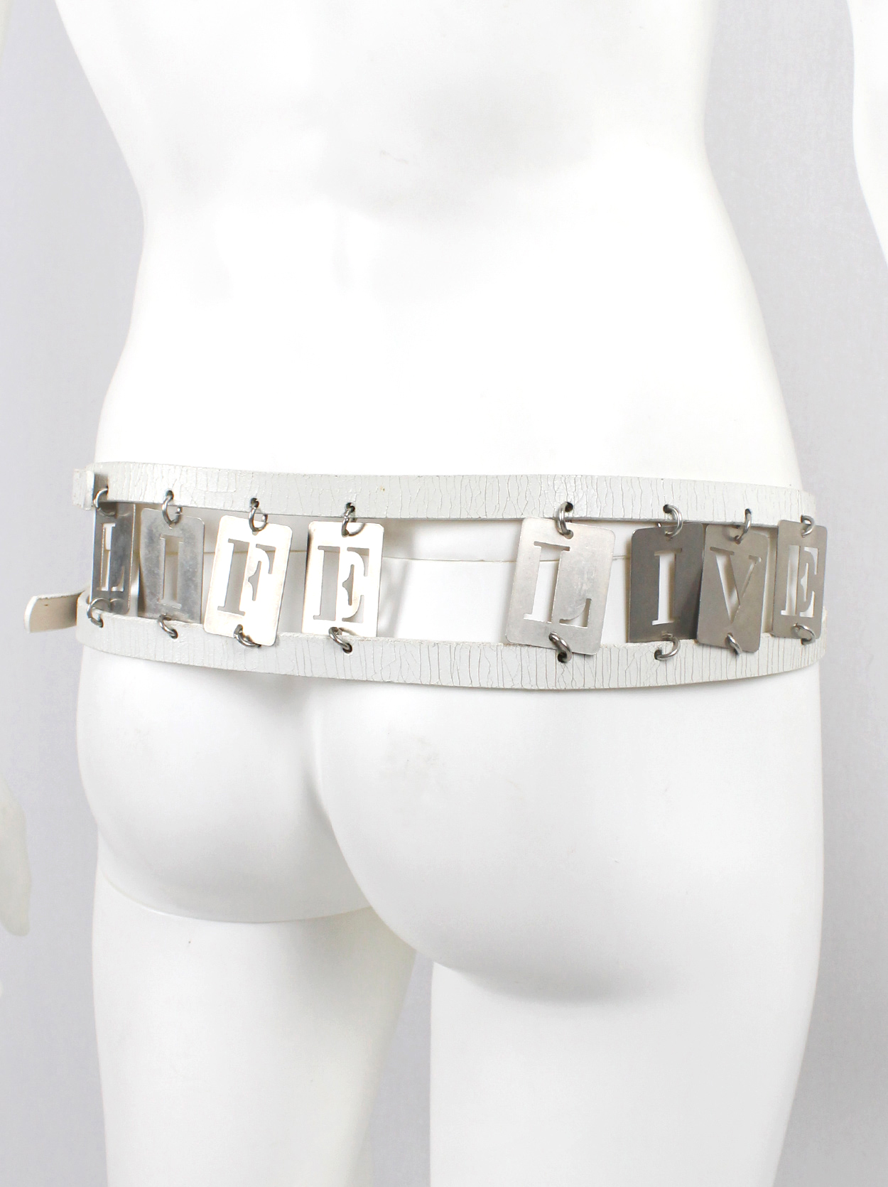 Ann Demeulemeester two white leather belts attached by metal LIFE 