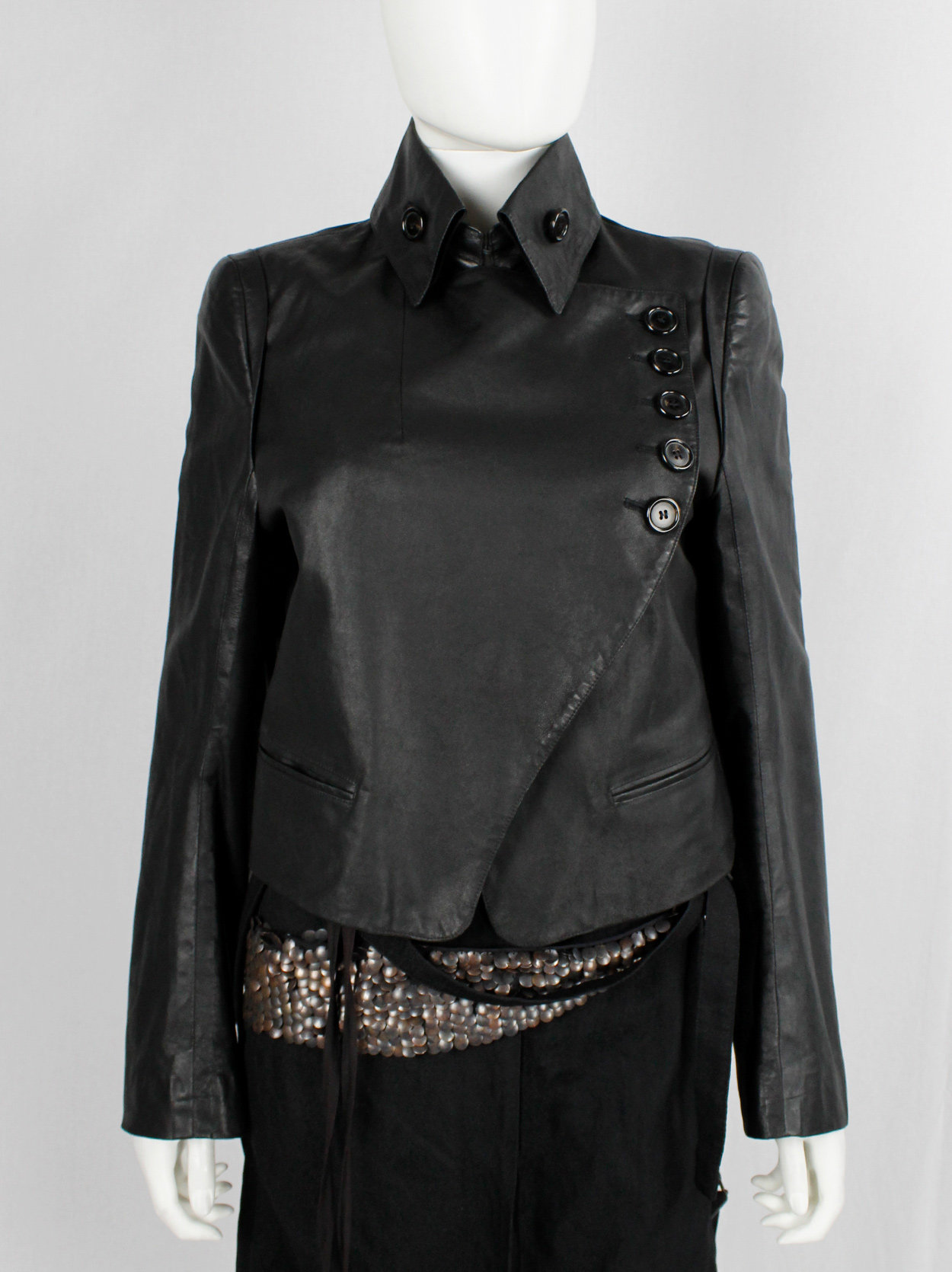 Ann Demeulemeester black leather jacket with asymmetric