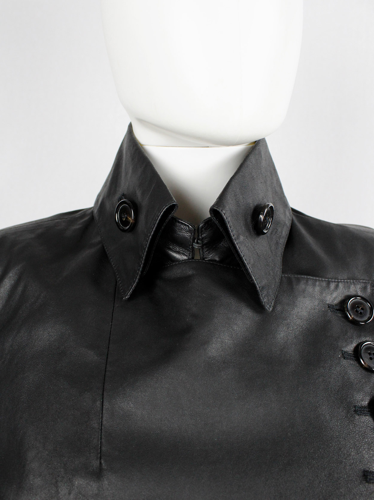 Ann Demeulemeester black leather jacket with asymmetric button