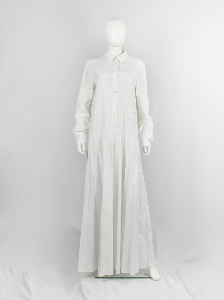 Veronique Branquinho white shirt dress with pleated maxi skirt and woven panels resort 2016 (7)