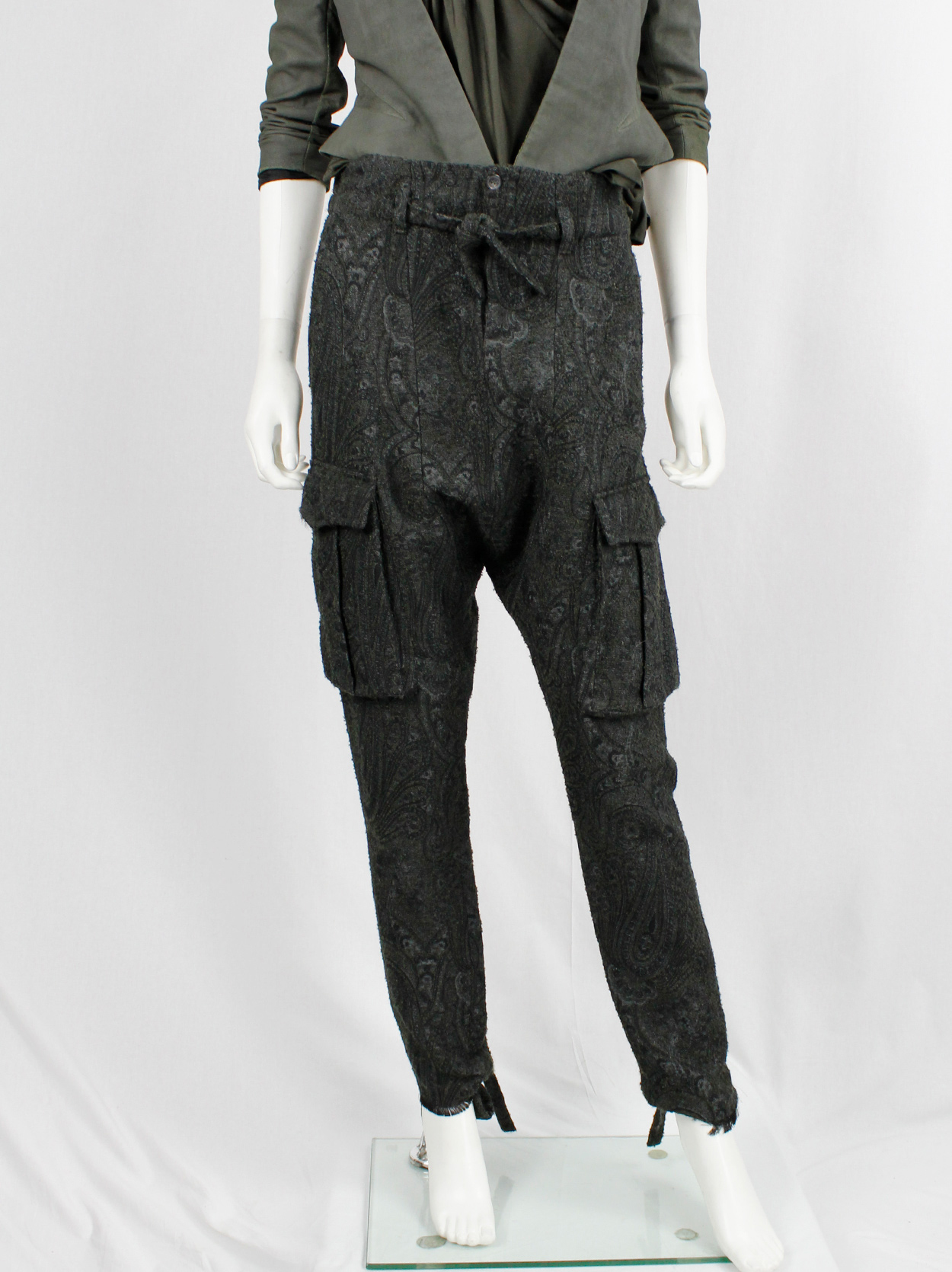 A.F. Vandevorst green brocade drop crotch trousers with cargo 