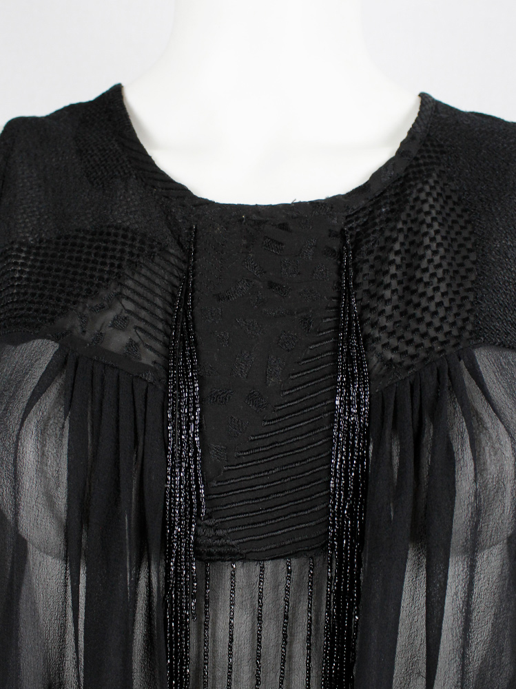 Ann Demeulemeester black sheer draped top with beaded fringe and