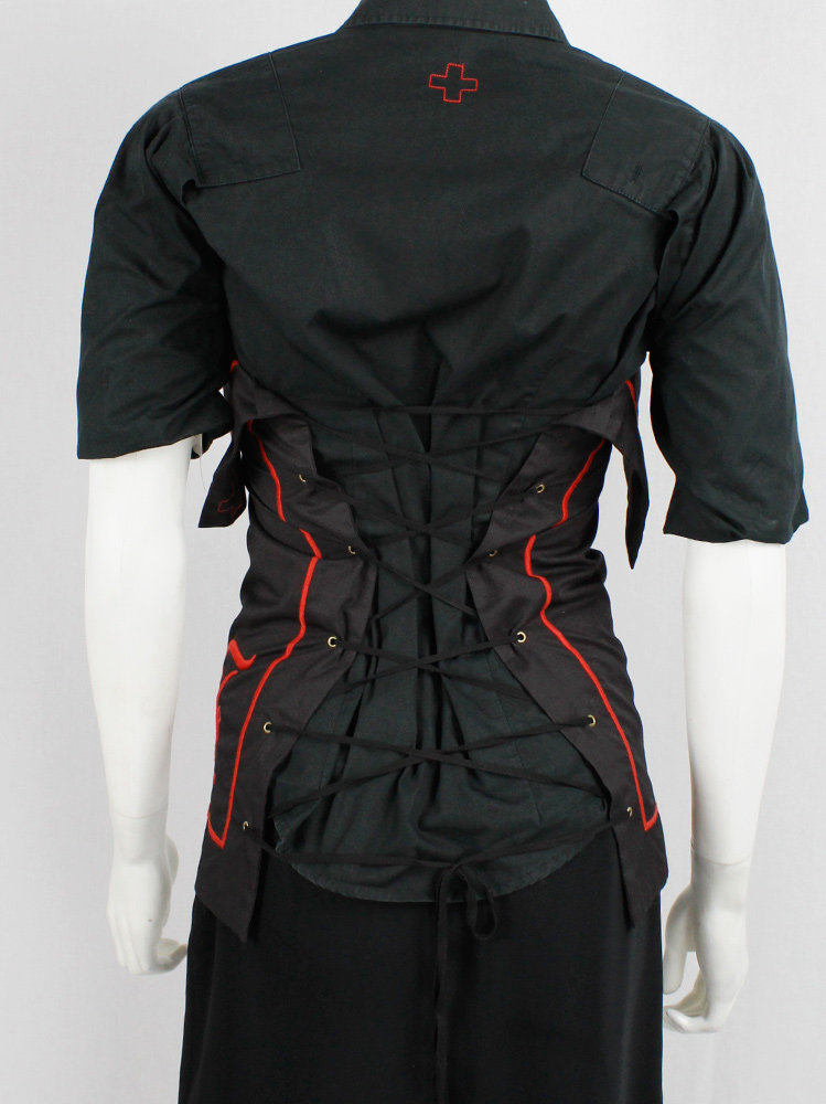 vintage a f Vandevorst black corset made from a pillow case with red initials spring 1999