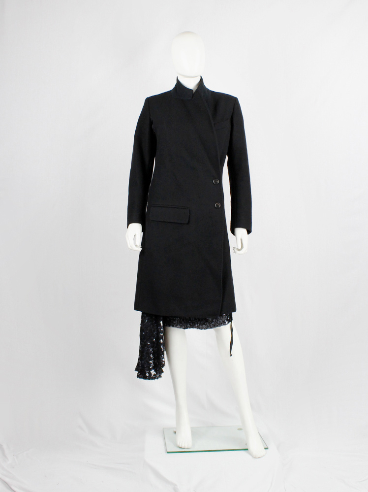 Ann Demeulemeester black long asymmetric coat with overlap front