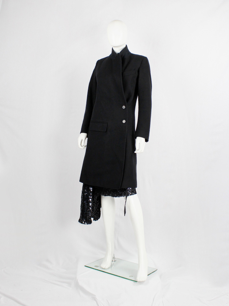 Ann Demeulemeester black long asymmetric coat with overlap front