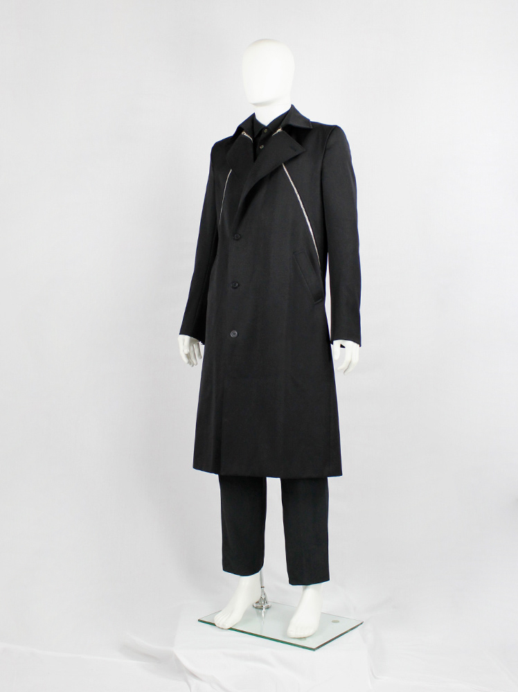 90s vintage double chester coat 黒 Xavier Delcour black long coat with two silver zippers going from