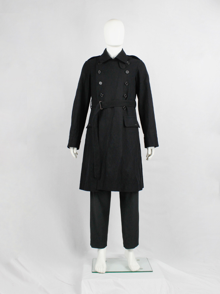 ANN DEMEULEMEESTER ブラック トレンチコート S Ann Demeulemeester black wool trenchcoat with double