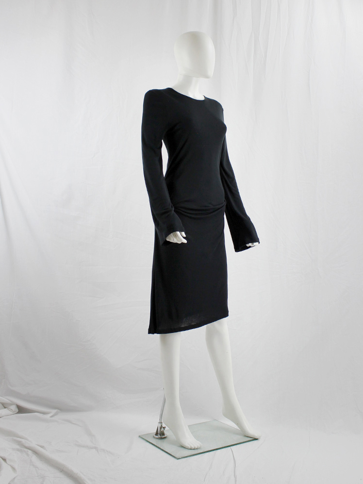 90's 本人期 ANN DEMEULEMEESTER Ann Demeulemeester black dress with draped hip and wide