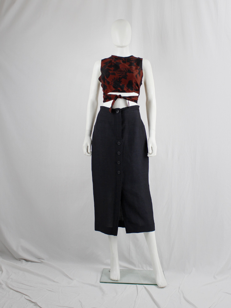 Crop Top Dries Van Noten Vintage Années 90 - Soie Marron, Motif Ethnique, Breloque Fourrure - Taille FR36/XS-S