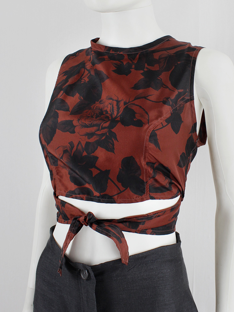Dries Van Noten red wrapped crop top with black roses print 